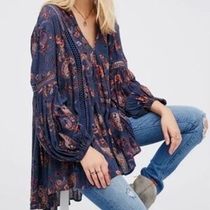 Free People Paisley Just the Two of Us Tunic Top Size XS Navy